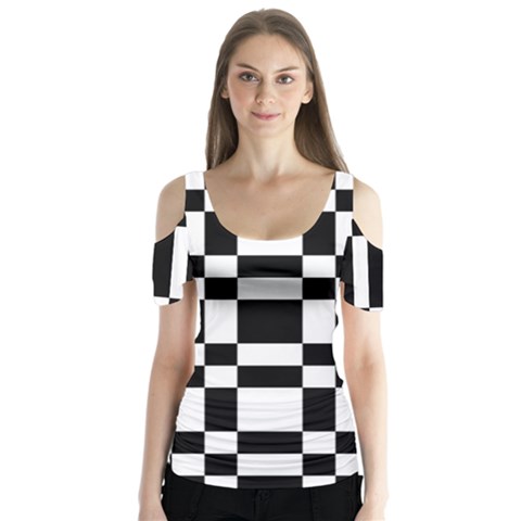 Checkerboard Black And White Butterfly Sleeve Cutout Tee  by Colorfulart23