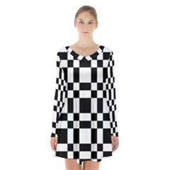 Checkerboard Black And White Long Sleeve Velvet V-neck Dress by Colorfulart23