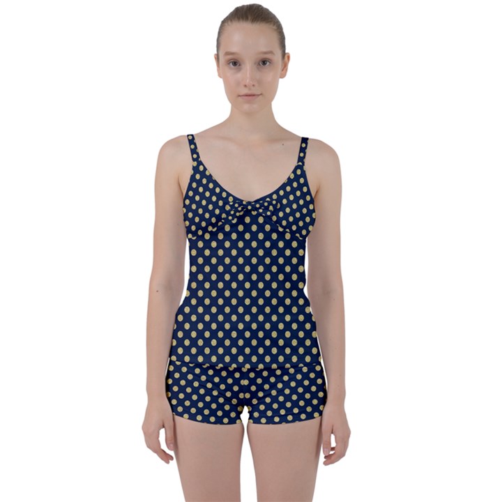Navy/Gold Polka Dots Tie Front Two Piece Tankini