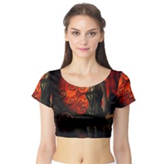 Steampunk, Wonderful Steampunk Lady In The Night Short Sleeve Crop Top (tight Fit) by FantasyWorld7