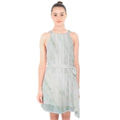 Greenish Marble Texture Pattern Halter Collar Waist Tie Chiffon Dress