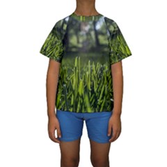 Green Grass Field Kids  Short Sleeve Swimwear by paulaoliveiradesign