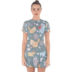 Cute Cat Background Pattern Drop Hem Mini Chiffon Dress