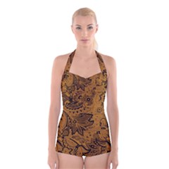 Art Traditional Batik Flower Pattern Boyleg Halter Swimsuit 