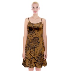 Art Traditional Batik Flower Pattern Spaghetti Strap Velvet Dress