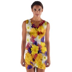 Colorful Flowers Pattern Wrap Front Bodycon Dress