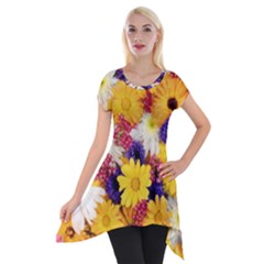 Colorful Flowers Pattern Short Sleeve Side Drop Tunic by BangZart