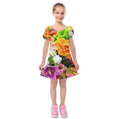 Colorful Flowers Kids  Short Sleeve Velvet Dress