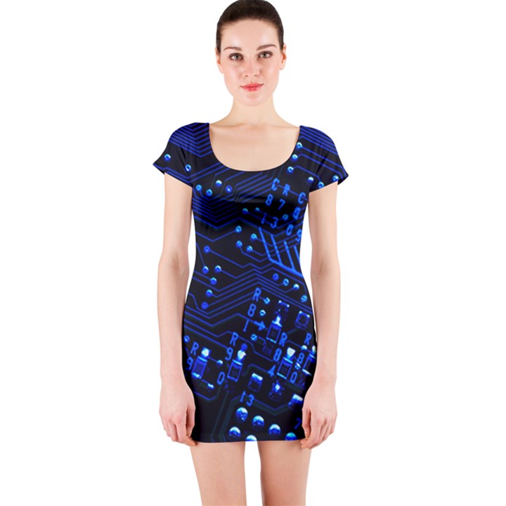 Blue Circuit Technology Image Short Sleeve Bodycon Dress