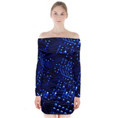Blue Circuit Technology Image Long Sleeve Off Shoulder Dress by BangZart
