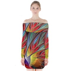 Fractal Bird Of Paradise Long Sleeve Off Shoulder Dress