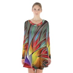 Fractal Bird Of Paradise Long Sleeve Velvet V-neck Dress