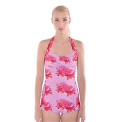 Pink Floral Pattern Boyleg Halter Swimsuit 
