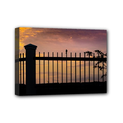 Small Bird Over Fence Backlight Sunset Scene Mini Canvas 7  X 5  by dflcprints