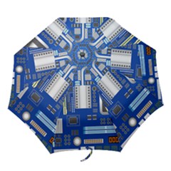 Classic Blue Computer Mainboard Folding Umbrellas by BangZart