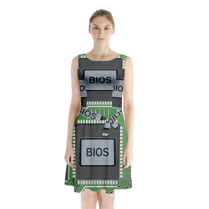 Computer Bios Board Sleeveless Waist Tie Chiffon Dress