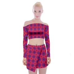 Retro Abstract Boho Unique Off Shoulder Top With Skirt Set