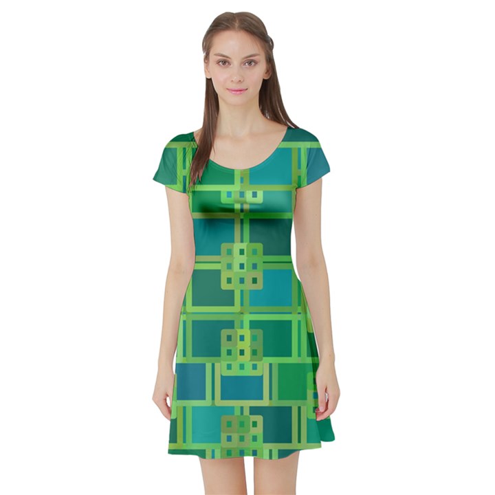 Green Abstract Geometric Short Sleeve Skater Dress
