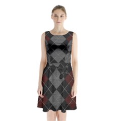 Wool Texture With Great Pattern Sleeveless Waist Tie Chiffon Dress