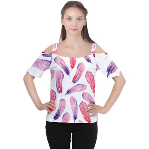 Watercolor Pattern With Feathers Cutout Shoulder Tee by BangZart