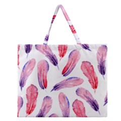 Watercolor Pattern With Feathers Zipper Large Tote Bag