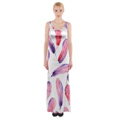 Watercolor Pattern With Feathers Maxi Thigh Split Dress