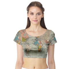 Vintage World Map Short Sleeve Crop Top (tight Fit)