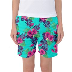 Turquoise Blue Pink Flower Women s Basketball Shorts by daydreamer