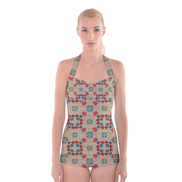 Traditional Scandinavian Pattern Boyleg Halter Swimsuit 