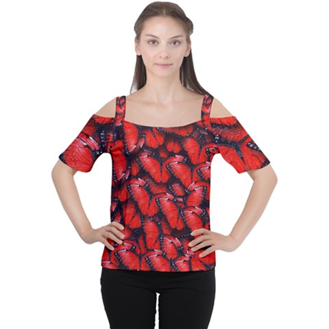 The Red Butterflies Sticking Together In The Nature Cutout Shoulder Tee by BangZart