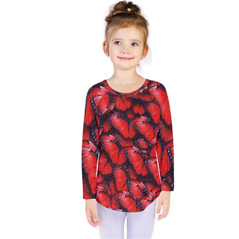The Red Butterflies Sticking Together In The Nature Kids  Long Sleeve Tee by BangZart