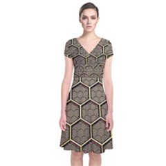 Texture Hexagon Pattern Short Sleeve Front Wrap Dress by BangZart