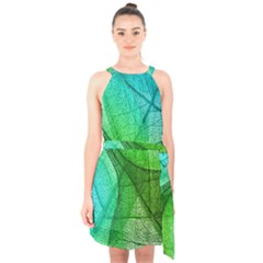 Sunlight Filtering Through Transparent Leaves Green Blue Halter Collar Waist Tie Chiffon Dress