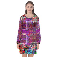 Technology Circuit Board Layout Pattern Long Sleeve Chiffon Shift Dress 