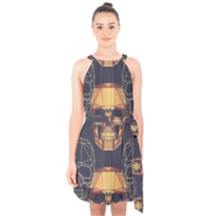 Skull Pattern Halter Collar Waist Tie Chiffon Dress