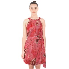 Red Peacock Floral Embroidered Long Qipao Traditional Chinese Cheongsam Mandarin Halter Collar Waist Tie Chiffon Dress