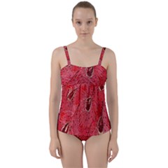 Red Peacock Floral Embroidered Long Qipao Traditional Chinese Cheongsam Mandarin Twist Front Tankini Set
