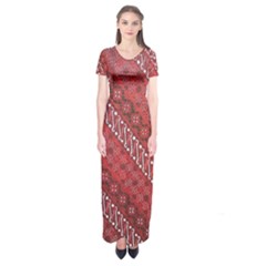 Red Batik Background Vector Short Sleeve Maxi Dress