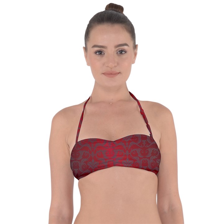 Red Dark Vintage Pattern Halter Bandeau Bikini Top