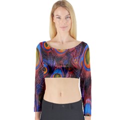 Pretty Peacock Feather Long Sleeve Crop Top by BangZart