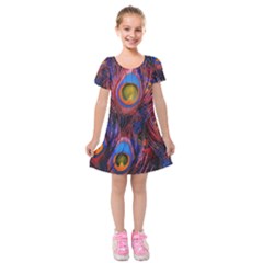 Pretty Peacock Feather Kids  Short Sleeve Velvet Dress