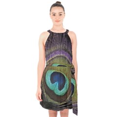 Peacock Feather Halter Collar Waist Tie Chiffon Dress