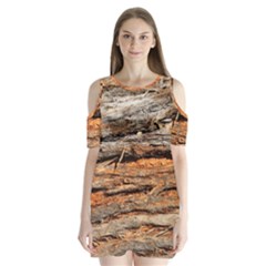 Natural Wood Texture Shoulder Cutout Velvet  One Piece by BangZart