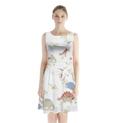 Dinosaur Art Pattern Sleeveless Waist Tie Chiffon Dress