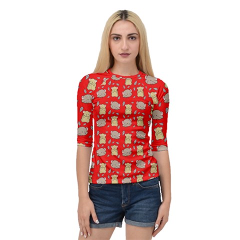 Cute Hamster Pattern Red Background Quarter Sleeve Tee by BangZart