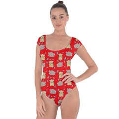 Cute Hamster Pattern Red Background Short Sleeve Leotard 