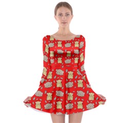 Cute Hamster Pattern Red Background Long Sleeve Skater Dress by BangZart