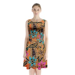 Colorful The Beautiful Of Art Indonesian Batik Pattern(1) Sleeveless Waist Tie Chiffon Dress