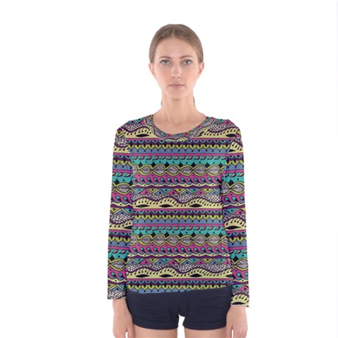 Aztec Pattern Cool Colors Women s Long Sleeve Tee by BangZart