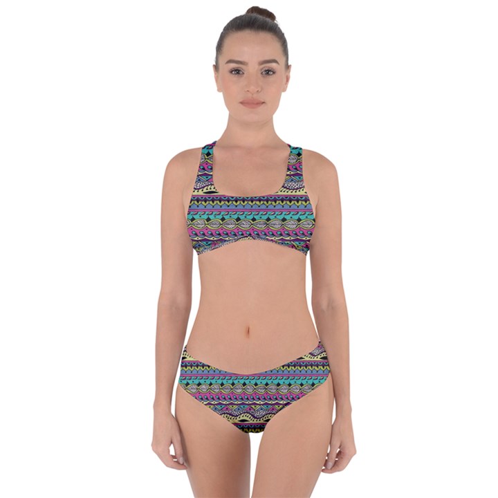 Aztec Pattern Cool Colors Criss Cross Bikini Set